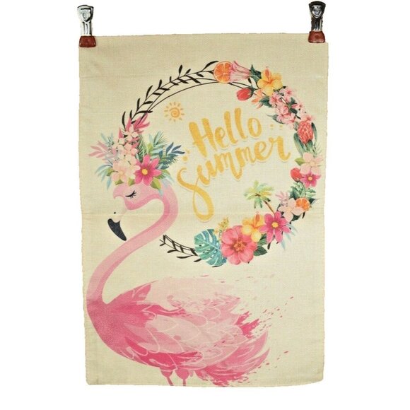 Hello Summer Flamingos 12 x 18 inches Double Sided Nylon Burlap Garden Flag - Picture 1 of 2